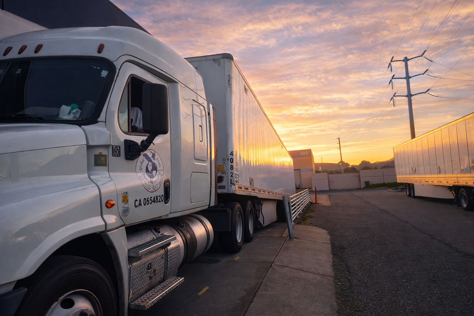 White Global Eagle truck at sunset